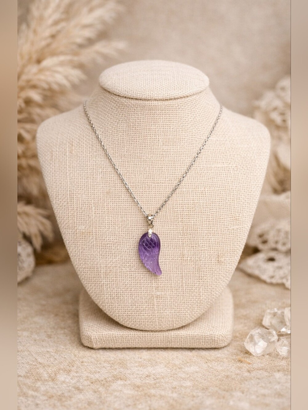 Handmade Amethyst Wing Necklace – Purple Crystal Pendant, Angel Jewelry 332